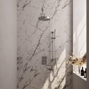 BRAUER Stripe Thermostatische Inbouw Regendouche - 3-weg - rechthoekig - SET 20 - 25cm douchekop - gebogen muurarm - staaf handdouche - doucheslang - geïntegreerde glijstang - RVS-kleurig geborsteld PVD 5-NG-403