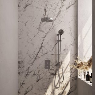 BRAUER Stripe Thermostatische Inbouw Regendouche - 3-weg - rechthoekig - SET 23 - 25cm douchekop - gebogen muurarm - 3-standen handdouche - doucheslang - geïntegreerde glijstang - RVS-kleurig geborsteld PVD 5-NG-409