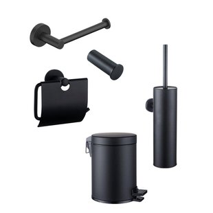 Fortifura Calvi Toiletset 5-delig - toiletrolhouder - reserverolhouder - toiletborstelhouder - handdoekhaak - pedaalemmer - mat zwart SW1183143/SW639935/SW1111541/SW1211586/SW1111577