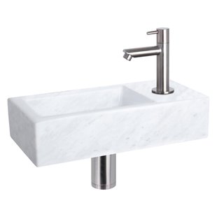 Differnz Helios fonteinset - 37.5x18.5x9.5cm - Rechthoek - 1 kraangat - Recht matte chromen kraan - Mineraalsteen Marmer 38.401.35