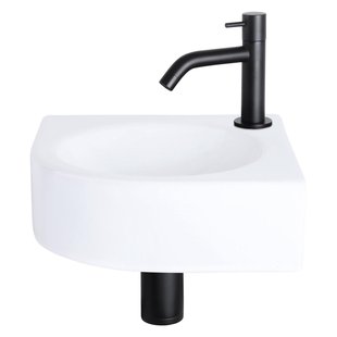 Differnz Cleo fonteinset - 30x30x10cm - Kwartrond - 1 kraangat - Gebogen matte zwarte kraan - Keramiek Wit 38.401.08