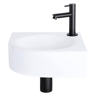 Differnz Cleo fonteinset - 30x30x10cm - Kwartrond - 1 kraangat - Recht matte zwarte kraan - Keramiek Wit SW519660/SW529054/SW679885/SW796275