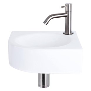 Differnz Cleo fonteinset - 30x30x10cm - Kwartrond - 1 kraangat - Gebogen matte chromen kraan - Keramiek Wit SW543205/SW679885/SW679905/SW696217