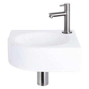 Differnz Cleo fonteinset - 30x30x10cm - Kwartrond - 1 kraangat - Recht matte chromen kraan - Keramiek Wit 38.401.11