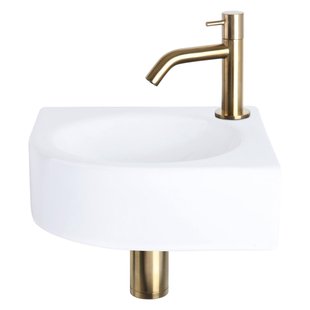 Differnz Cleo fonteinset - 30x30x10cm - Kwartrond - 1 kraangat - Gebogen matte goude kraan - Keramiek Wit 38.401.18