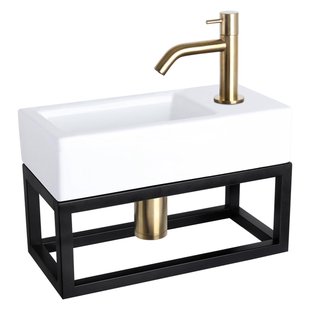 Differnz Ravo fonteinset - 38.5x18.5x25cm - Rechthoek - 1 kraangat - Gebogen matte goude kraan - met zwart frame - Keramiek Wit 38.401.90