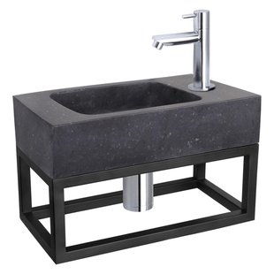Differnz Bombai fonteinset - 40x22x9cm - Rechthoek - 1 kraangat - Recht chromen kraan - met zwart frame - Natuursteen Zwart 38.401.48