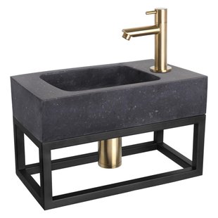 Differnz Bombai fonteinset - 40x22x9cm - Rechthoek - 1 kraangat - Recht matte goude kraan - met zwart frame - Natuursteen Zwart SW373151/SW524002/SW533192/SW644702/SW865583
