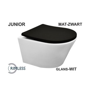 Wiesbaden Vesta junior wandcloset rimless verkort glans wit Shade slim toiletzitting softclose en quick release mat zwart 32.6031