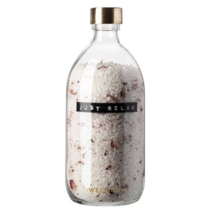 Wellmark Badzout helder glas messing dop 500ml Rozen tekst JUST RELAX 8720165018833