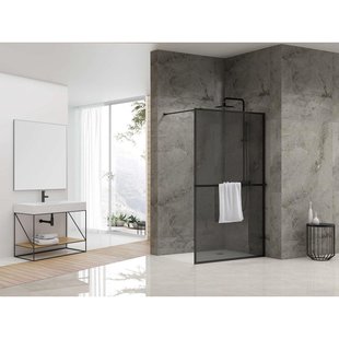 Van Rijn Products ST04 Vaste wand - 89.5x200cm - rookglas incl. stabilisatiestang - incl. handdoekhouder - zwart mat ST0490KPHGR
