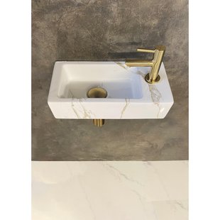 Wiesbaden Fonteinset Rhea S mini met fontein rechts carrara, kraan, sifon en afvoerplug geborsteld messing 39.3606