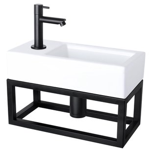 Differnz Helios fonteinset - 37.5x18.5x9.5cm - Rechthoek - 1 kraangat links - Recht matte zwarte kraan - met zwart frame - Keramiek Wit 38.010.43