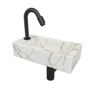 Wiesbaden Mini-Rhea Links fonteinset 36x18x9cm Carrara marmerlook wit incl. victoria luxe fonteinkraan zwart mat 32.5496 - 22.2730 - 32.3537 - sw696215 - sw696205