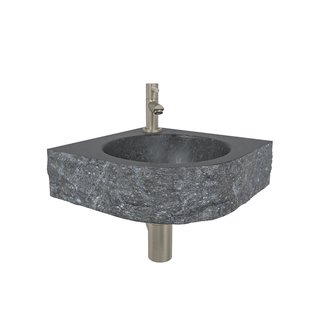 Wiesbaden Hardstenen hamerslag hoekfonteinset 30x30x10cm incl. Amador fonteinkraan geborsteld staal SW296073 - SW6579 - SW10741 - SW10734 - SW21108