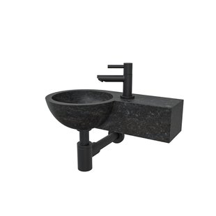 Wiesbaden B waskom rond 40x23x10cm met kraangat rechts hardsteen zwart incl Amador fonteinkraan zwart mat SW106364 - 22.2701 - SW21108 - SW696215 - SW696205