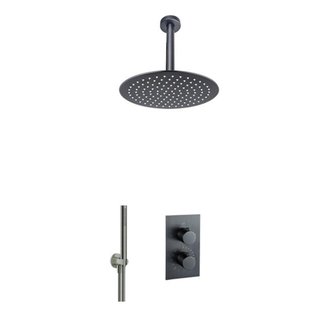 Fortifura Calvi Inbouw Regendoucheset - thermostatisch - plafondarm - 25cm hoofddouche - staaf handdouche - gladde doucheslang - geborsteld Gunmetal PVD SW720556/SW720558/SW721165/SW721170/SW766536/SW766