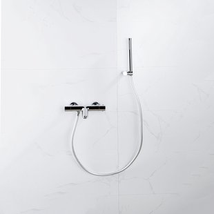Fortifura Calvi Thermostatische badkraan met staafhanddouche, handdouchehouder en gladde doucheslang chroom SW496810/SW720564/SW720223/SW706209