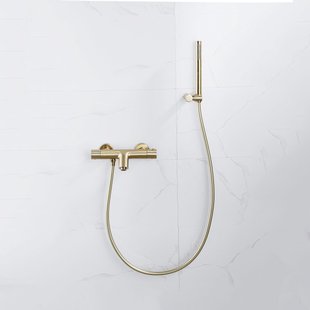 Fortifura Calvi Thermostatische badkraan met staafhanddouche, handdouchehouder en gladde doucheslang Geborsteld Messing PVD (Goud) SW720570/SW720567/SW720226/SW728176