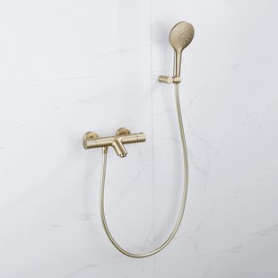 Fortifura Calvi Thermostatische badkraan met ronde handdouche, handdouchehouder en gladde doucheslang Geborsteld Messing PVD (Goud) SW799449/SW720567/SW720226/SW728177