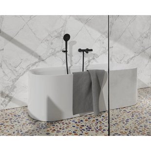 Fortifura Calvi Thermostatische badkraan met ronde handdouche, handdouchehouder en metalen doucheslang mat zwart SW496816/SW720565/SW720224/SW706203