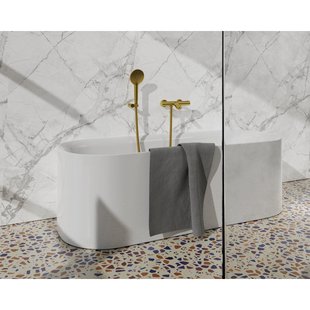 Fortifura Calvi Thermostatische badkraan met ronde handdouche, handdouchehouder en metalen doucheslang Geborsteld Messing PVD (Goud) SW799449/SW720567/SW720226/SW706206