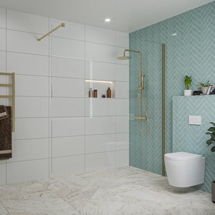 Fortifura Galeria inloopdouche - 180x200cm - helder glas - wandarm - Geborsteld Messing PVD (Goud) SW797920/SW797910