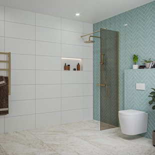 Fortifura Galeria inloopdouche - 50x200cm - rookglas - wandarm - Geborsteld Messing PVD (Goud) SW797936/SW797910