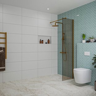 Fortifura Galeria inloopdouche - 50x200cm - rookglas - wandarm - Geborsteld koper PVD (Koper) SW797936/SW876702