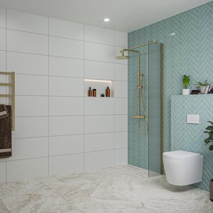 Fortifura Galeria inloopdouche - 30x200cm - ribbelglas - wandarm - Geborsteld Messing PVD (Goud) SW797945/SW797910