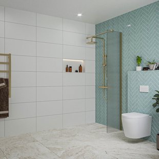 Fortifura Galeria inloopdouche - 40x200cm - ribbelglas - wandarm - Geborsteld Messing PVD (Goud) SW797948/SW797910