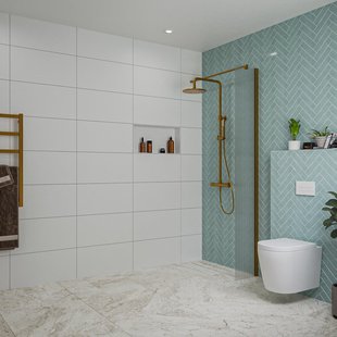 Fortifura Galeria inloopdouche - 30x200cm - ribbelglas - wandarm - Geborsteld koper PVD (Koper) SW797945/SW876702