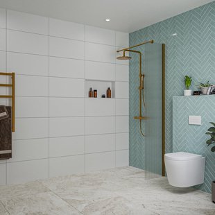 Fortifura Galeria inloopdouche - 40x200cm - ribbelglas - wandarm - Geborsteld koper PVD (Koper) SW797948/SW876702