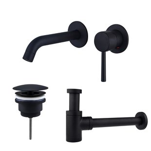 Fortifura Calvi Slim Wastafelkraanset - inbouw wastafelkraan inkortbaar - always open plug - verlaagde design sifon - Mat zwart SW377837/SW696205/SW696215