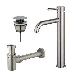 Fortifura Calvi Wastafelkraanset - verhoogde wastafelkraan - klikwaste plug - verlaagde design sifon - Geborsteld RVS PVD (RVS) SW377857/SW696201/SW696217