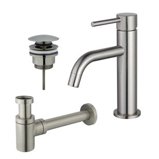 Fortifura Calvi Slim Wastafelkraanset - lage wastafelkraan - klikwaste plug - verlaagde design sifon - Geborsteld RVS PVD (RVS) SW377858/SW696201/SW696217