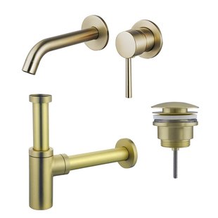 Fortifura Calvi Slim Wastafelkraanset - inbouw wastafelkraan - klikwaste plug - design sifon - Geborsteld Messing PVD (Goud) SW720228/SW696202/SW696213