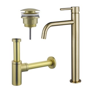 Fortifura Calvi Slim Wastafelkraanset - verhoogde wastafelkraan - klikwaste plug - design sifon - Geborsteld Messing PVD (Goud) SW720546/SW696202/SW696213
