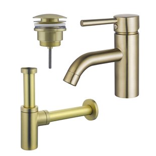 Fortifura Calvi Wastafelkraanset - lage wastafelkraan - klikwaste plug - design sifon - Geborsteld Messing PVD (Goud) SW720547/SW696202/SW696213