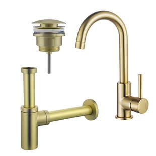 Fortifura Calvi Wastafelkraanset - hoge wastafelkraan - draaibare uitloop - klikwaste plug - design sifon - Geborsteld Messing PVD (Goud) SW809349/SW696202/SW696213