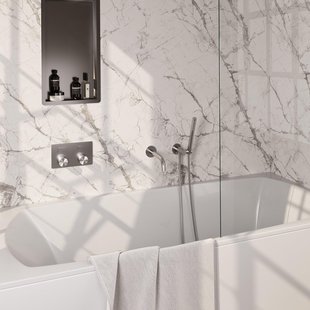 BRAUER Brushed Carving thermostatische inbouw badkraan - drukknoppen SET 03 - uitloop - staaf handdouche - doucheslang - wandaansluitbocht - RVS geborsteld PVD 5-NG-214