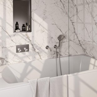 BRAUER Brushed Carving thermostatische inbouw badkraan - drukknoppen SET 04 - uitloop - 3 standen handdouche - doucheslang - wandaansluitbocht - RVS geborsteld PVD 5-NG-215