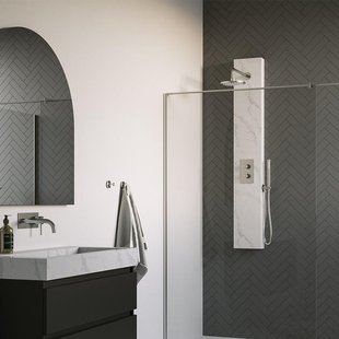 BRAUER Brushed Edition thermostatisch douchepaneel - 2 functies - calacatta gold SET 01 - 20cm hoofddouche - gebogen muurarm - staaf handdouche - wandaansluitbocht - doucheslang - RVS geborsteld PVD 5-NG-154