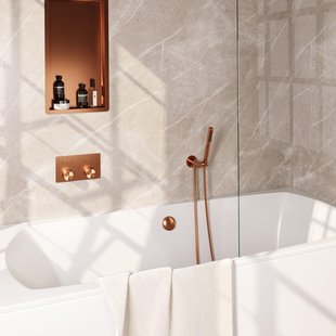 BRAUER Copper Carving thermostatische inbouw badkraan - drukknoppen SET 03 - badvulcombinatie - staaf handdouche - doucheslang - wandaansluitbocht - koper geborsteld PVD 5-GK-212