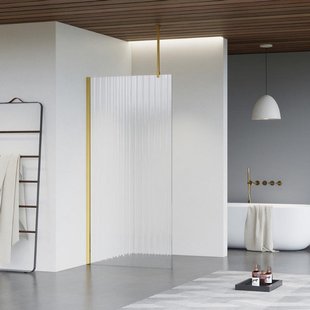 Fortifura Galeria inloopdouche - 50x200cm - ribbelglas - plafondarm - Geborsteld Messing PVD (Goud) SW797947/SW797910/SW804543