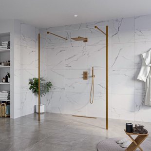 Fortifura Galeria Vrijstaande Inloopdouche - 160x200cm - Helder - antikalk - 8mm veiligheidsglas - 2 zijwanden 30cm - wandsteunen en hoekprofielen - Geborsteld koper PVD (Koper) SW927772 2x/SW797918/SW797909 2x/SW876703 2x