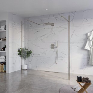 Fortifura Galeria Vrijstaande Inloopdouche - 180x200cm - Helder - antikalk - 8mm veiligheidsglas - 2 zijwanden 30cm - wandsteunen en hoekprofielen - Geborsteld Gunmetal PVD SW927771 2x/SW797920/SW797909 2x/SW798732 2x