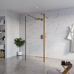 Fortifura Galeria Vrijstaande Inloopdouche - 90x200cm - Helder - antikalk - 8mm veiligheidsglas - 2 zijwanden 30cm - wandsteunen en hoekprofielen - Geborsteld koper PVD (Koper) SW927772 2x/SW797926/SW797909 2x/SW876703 2x