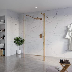 Fortifura Galeria Vrijstaande Inloopdouche - 100x200cm - Helder - antikalk - 8mm veiligheidsglas - 2 zijwanden 30cm - wandsteunen en hoekprofielen - Geborsteld koper PVD (Koper) SW927772 2x/SW797915/SW797909 2x/SW876703 2x