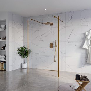 Fortifura Galeria Vrijstaande Inloopdouche - 120x200cm - Helder - antikalk - 8mm veiligheidsglas - 2 zijwanden 30cm - wandsteunen en hoekprofielen - Geborsteld koper PVD (Koper) SW927772 2x/SW797917/SW797909 2x/SW876703 2x